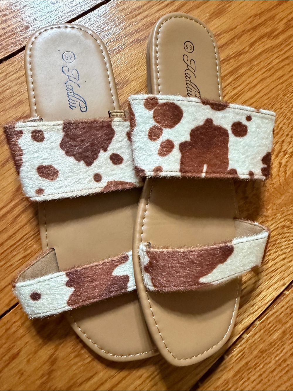 Women’s Brown and Cream Cowprint Slide Sandals